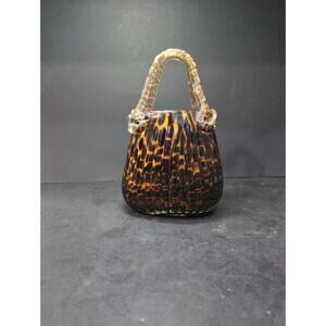 Murano Style Handbag Vase 8.75", Leopard/Tortoise‎ Shell Design, Art Glass Vase